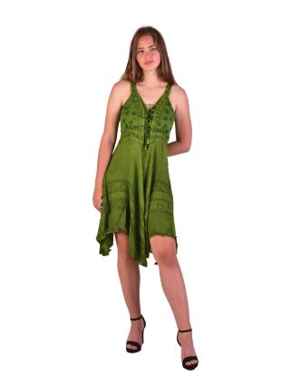Krátké zelené šaty na ramínka, výšivka, drobný potisk květin