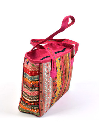 Unikátní taška z Rajastánu, ručně vyšívaná a zdobená, 51x32cm+26cm ucha