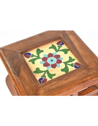 Stolička z antik teakového dřeva s keramickou dlaždicí, 26x26x42cm