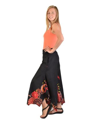 Černé zvonové kalhoty s vysokým pasem, "Flower design"