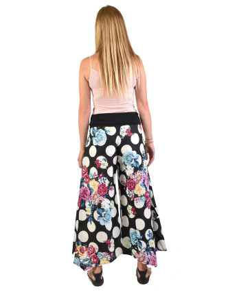 Černé zvonové kalhoty s vysokým pasem, "Dots & Flower design"