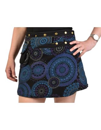 Krátká čená sukně zapínaná na cvočky, Mandala design, potisk, kapsička