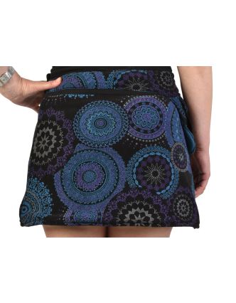 Krátká čená sukně zapínaná na cvočky, Mandala design, potisk, kapsička