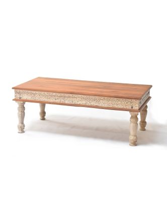 Konferenční stolek z teakového dřeva, ruční řezby, bílá patina, 120x90x45cm