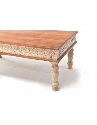 Konferenční stolek z teakového dřeva, ruční řezby, bílá patina, 120x90x45cm