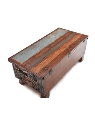 Dřevěná truhla z mangového dřeva zdobená starými řezbami, 120x60x48cm