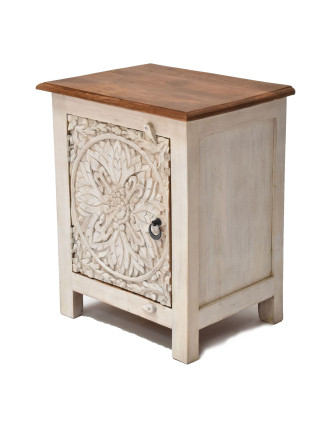 Noční stolek s vyřezávanými dvířky z mangového dřeva, 50x38x67cm