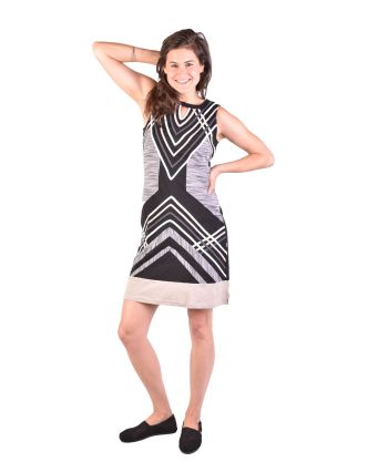 Krátké šaty bez rukávu, černo-bílo-šedivé, design proužky, Bio bavlna s lycrou