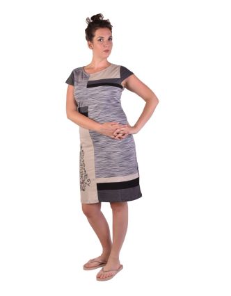 Krátké šaty s krátkým rukávem, šedivo-černé, šedivý melír, potisk