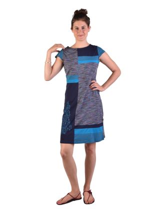 Krátké šaty s krátkým rukávem, tyrkysovo-modré, fialovo-modrý melír, potisk