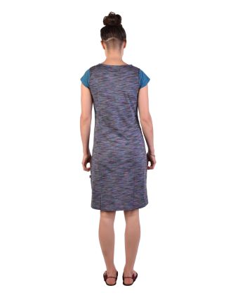 Krátké šaty s krátkým rukávem, tyrkysovo-modré, fialovo-modrý melír, potisk