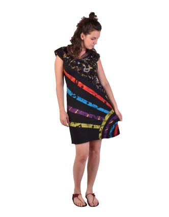 Krátké šaty s krátkým rukávem, černé s potiskem a barevnými pruhy