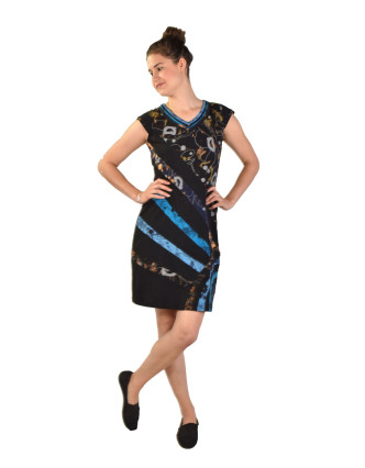 Krátké šaty s krátkým rukávem, černé s potiskem a barevným designem