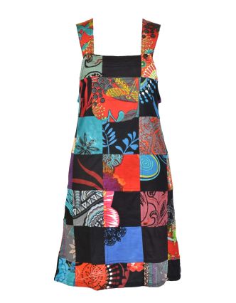 Krátké šaty, multibarevný patchwork, s laclem a kapsou