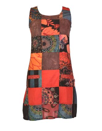 Krátké šaty bez rukávu, kapsy, oranžový patchwork, stonewash, zip na boku