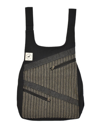Originální batoh s pěti kapsami, černý s potiskem, ruční práce, 32x36cm