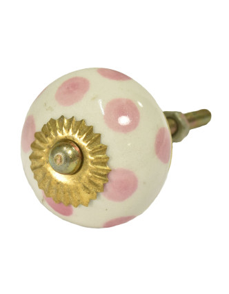 Malovaná porcelánová úchytka na šuplík, bílá s růžovými puntíky, průměr 3,7cm