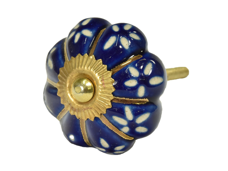 Malovaná porcelánová úchytka na šuplík, modrá, zlaté paprsky a bílá květy, 4,5cm
