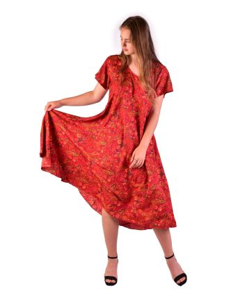 Dlouhé šaty s krátkým rukávem, červené s drobným paisley potiskem