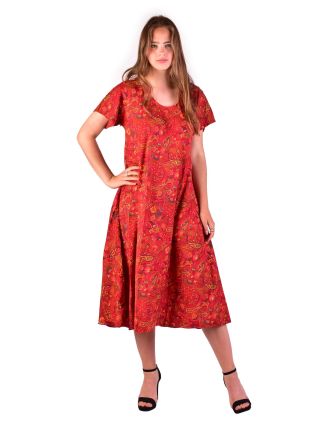Dlouhé šaty s krátkým rukávem, červené s drobným paisley potiskem