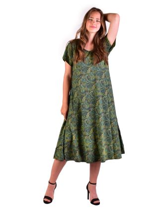 Dlouhé šaty s krátkým rukávem, zelené s drobným paisley potiskem