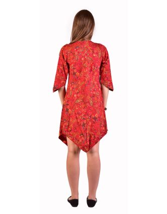 Krátké šaty s 3/4 rukávem, červené s drobným paisley potiskem