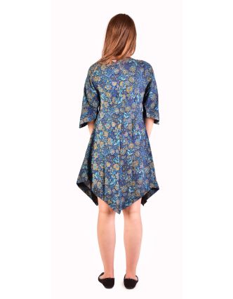 Krátké šaty s 3/4 rukávem, tmavě modré s drobným potiskem květin