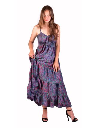 Dlouhé šaty, tenká ramínka, fialové s drobným fialovým paisley potiskem