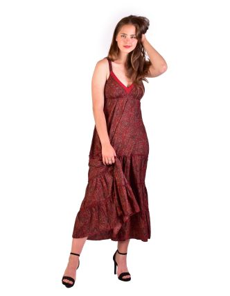 Dlouhé šaty na ramínka, červené s drobným paisley potiskem