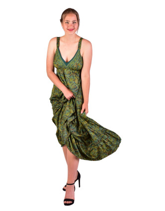 Dlouhé šaty na ramínka, zelené s drobným paisley potiskem