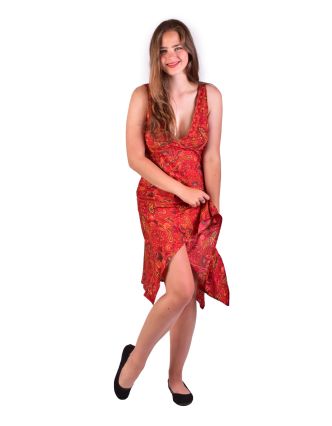 Krátké šaty na ramínka, červené s drobným paisley potiskem