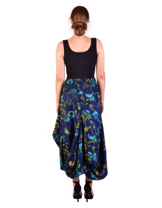 Dlouhá letní nařasená sukně, kapsy, tmavě modrá s potiskem květin