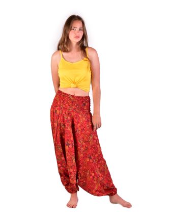 Turecké pohodlné volné kalhoty, červené s drobným paisley potiskem