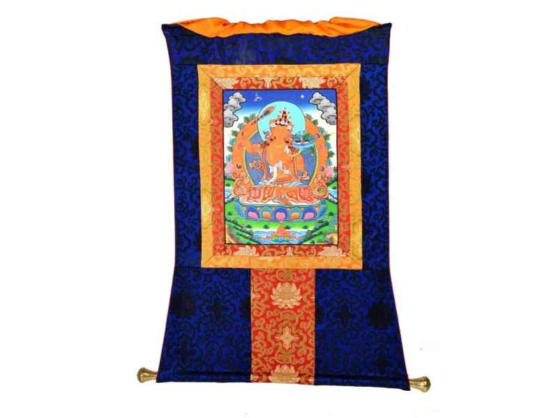 Thangka, Madžušrí, modrý brokát, 70x86cm