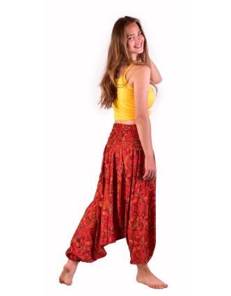 Turecké pohodlné volné kalhoty, červené s drobným paisley potiskem
