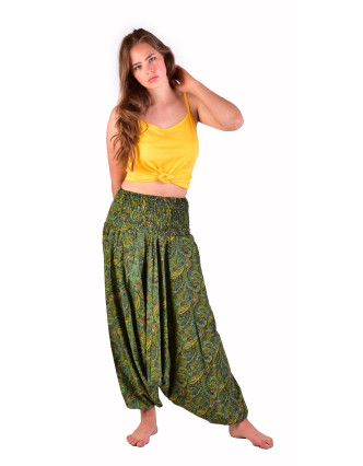 Turecké pohodlné volné kalhoty, zelené s drobným paisley potiskem