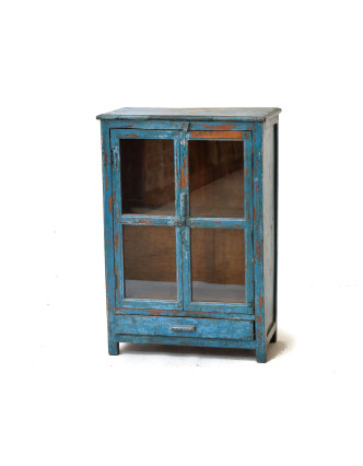 Prosklená skříňka z antik teakového dřeva, tyrkysová patina, 63x31x92cm