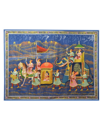 Malba na hedvábí, noční cesta panovníka, zobrazeni koně a sloni, 100x75cm