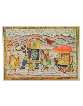 Malba na hedvábí, cesta panovníka, vyobrazeni sloni a koně, 100x75cm