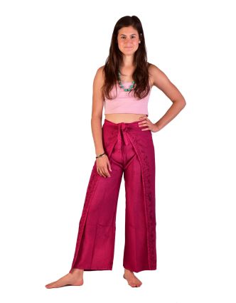 Dlouhé zavinovací kalhoty s výšivkou, růžové