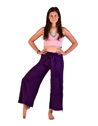 Dlouhé zavinovací kalhoty s výšivkou, tmavě fialové