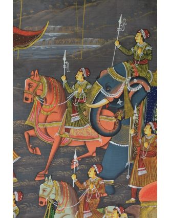 Malba na hedvábí, cesta panovníka, vyobrazeni sloni a koně, 75x100cm