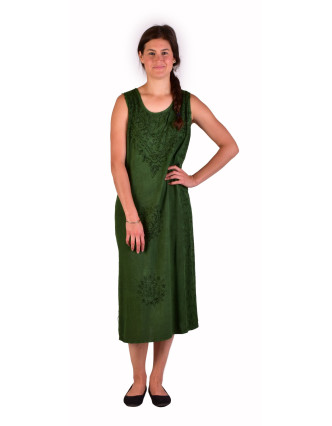 Dlouhé zelené šaty bez rukávu, výšivka, zavazování na zádech