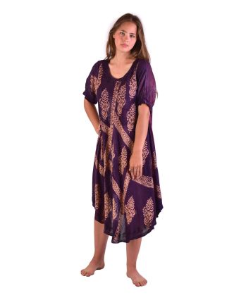 Krátké tmavě fialové šaty s rukávkem, výšivka, potisk