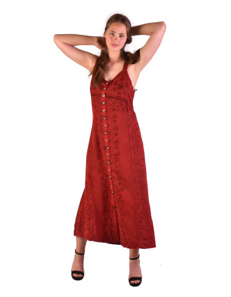 Dlouhé červené šaty na ramínka, výšivka, celopropínací na knoflíky