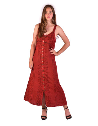 Dlouhé červené šaty na ramínka, výšivka, celopropínací na knoflíky