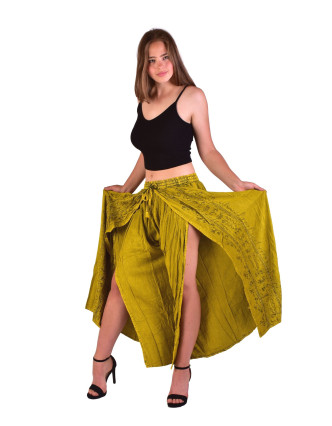 Dlouhé thajské kalhoty, žluté, pružný pas, výšivka