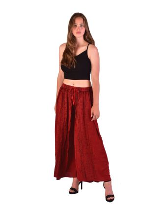 Dlouhé thajské kalhoty, červené, pružný pas, výšivka