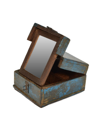 Krabička se zrcátkem "barber box" z teakového dřeva, antik, 14x17x9cm
