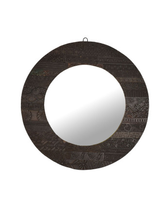 Zrcadlo v kulatém rámu z teakového dřeva zdobené starými raznicemi, 56x3x56cm